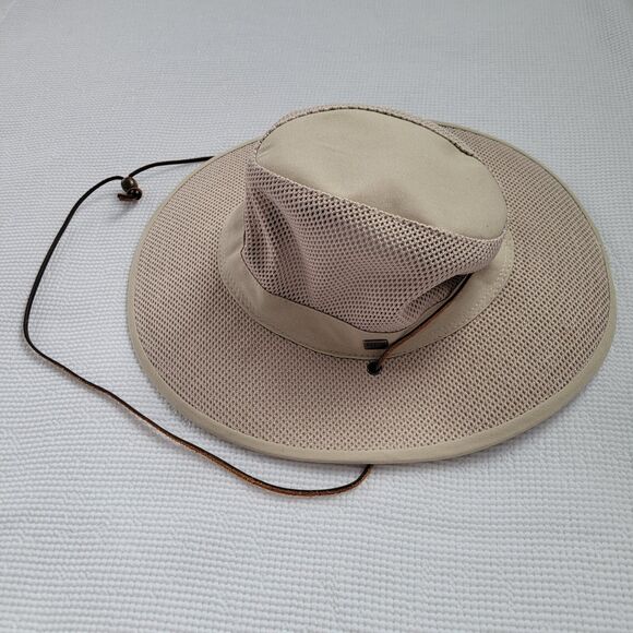 HBY MIAMI Mesh Cotton Safari Hat Sz M  (7-7 1/8) Khaki Tan UPF 50 Leather Strap - Picture 1 of 6